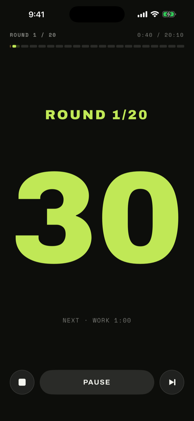 Steady field style: a dark screen with a large volt-green countdown.