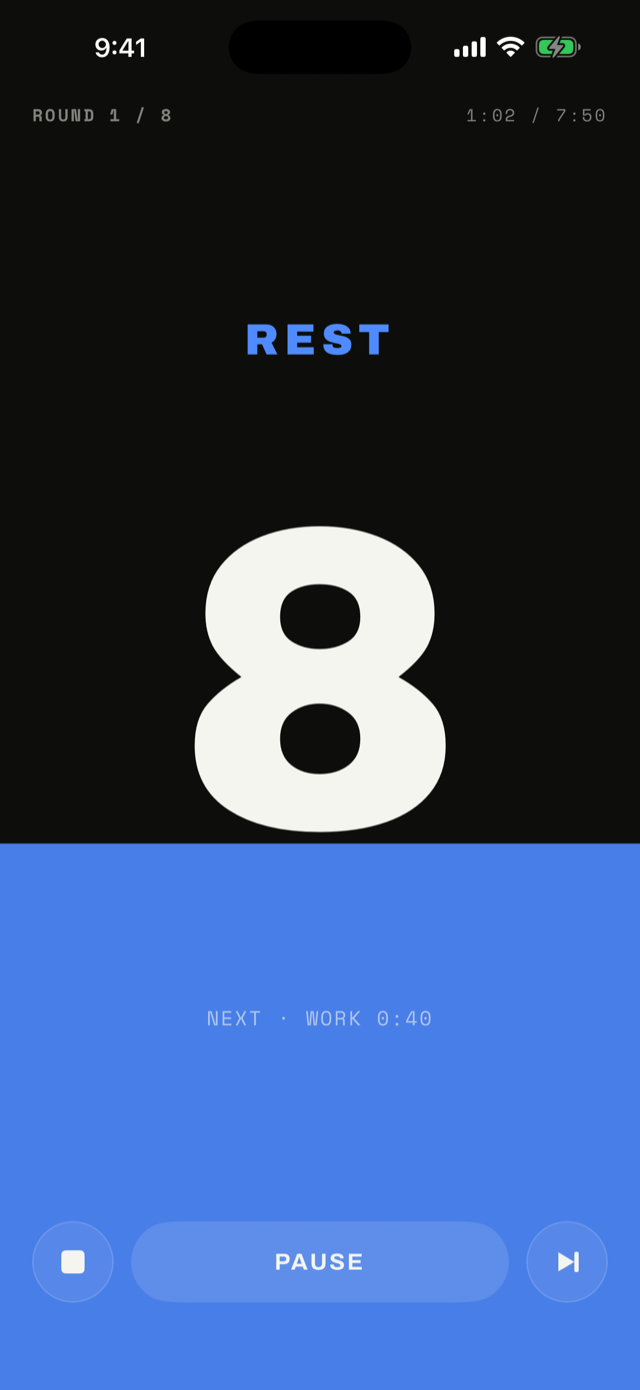 Tide field style: a blue rest phase filling the lower half of the screen behind a large white 8.